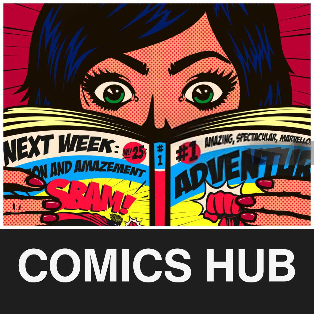 Comics Hub logo with a vibrant background of superhero and fantasy comic panels